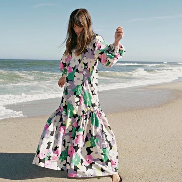 🦋 Bloggers Favorite 🦋 H&M X Rocky Barnes Floral Cotton Kaftan Maxi Dress Sz S - Picture 8 of 16